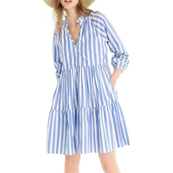 J. Crew Tiered Popover Poplin Mini Dress Blue Striped Size Medium - Picture 3 of 14